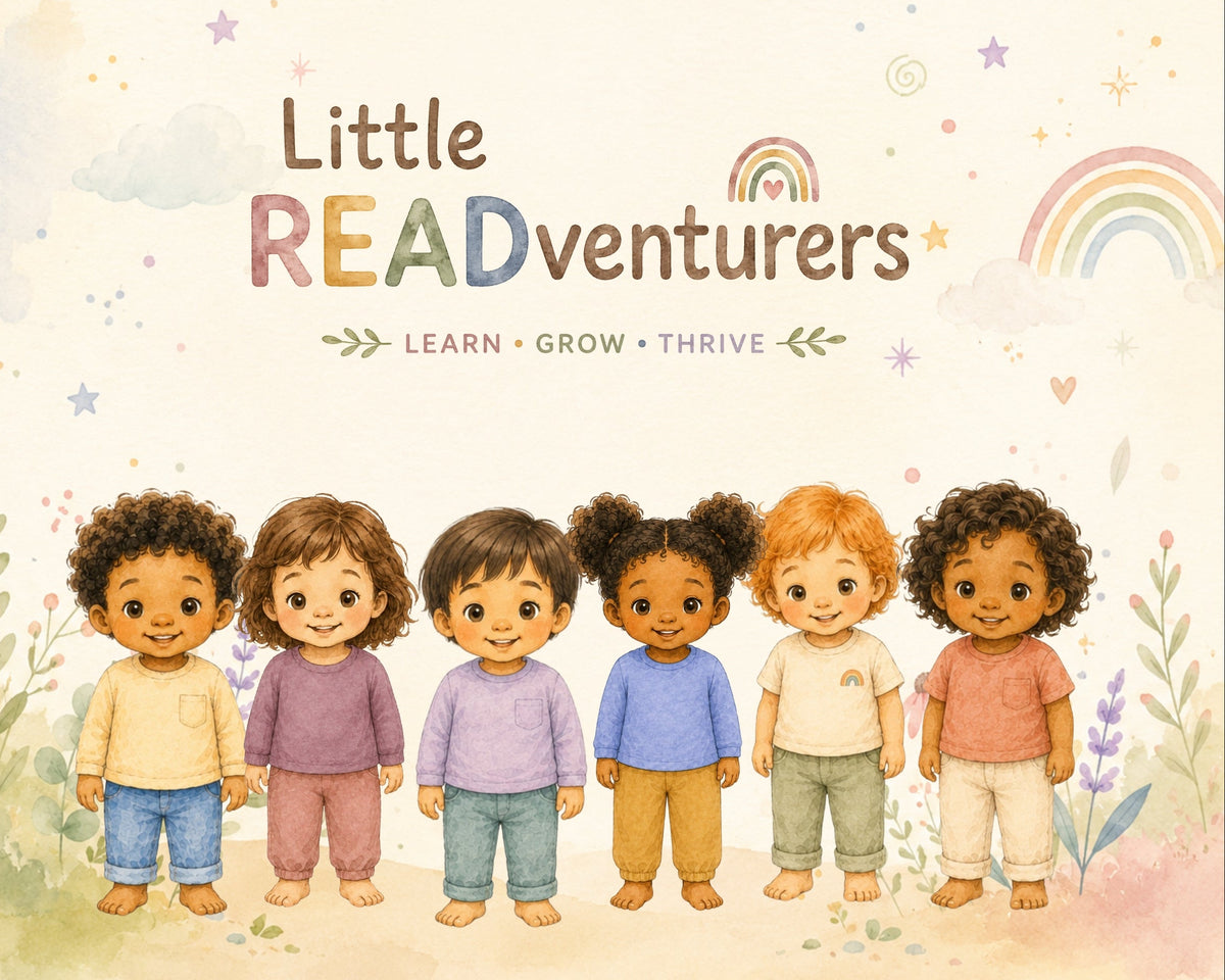 Little READventurers characters standing together beneath colorful rainbows, stars, clouds, and the words Learn, Grow, Thrive.